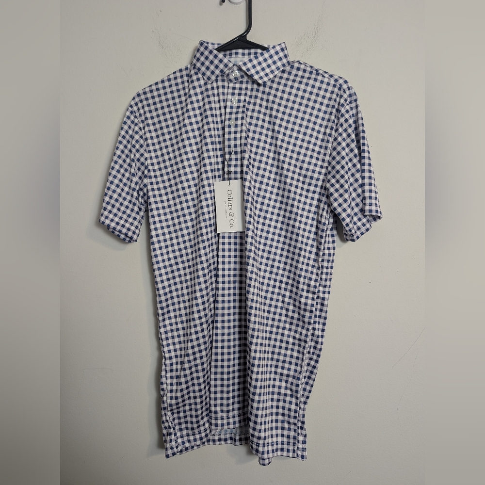 Collars & Co. Shirt semi-spread collar polo gingham plaid Stripe Indigo Navy M